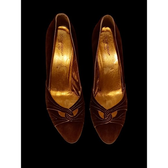 Dolce & Gabbana Brown Suede Gold Accent High Heel Shoes Size 38.5 - Picture 2 of 9